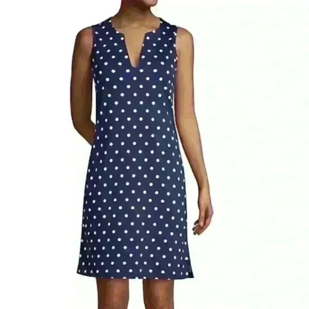 Land's End Navy Polkadot Sleeveless Cotton Knit Shift Dress